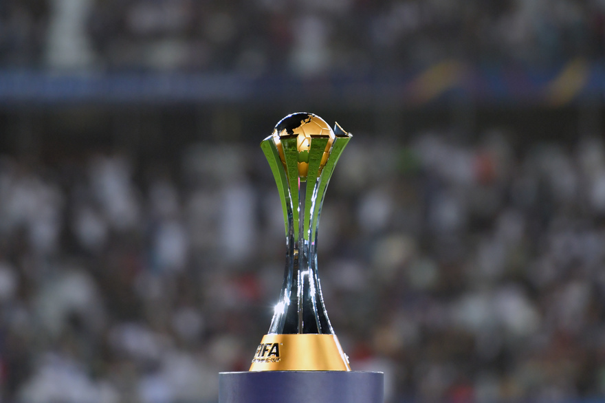 The FIFA Club World Cup trophy is seen on the pitch ahead of the FIFA Club World Cup 2017 final football match between Real Madrid and Gremio FBPA at Zayed Sports City Stadium in the Emirati capital Abu Dhabi on December 16, 2017. (Photo by Giuseppe CACACE / AFP)